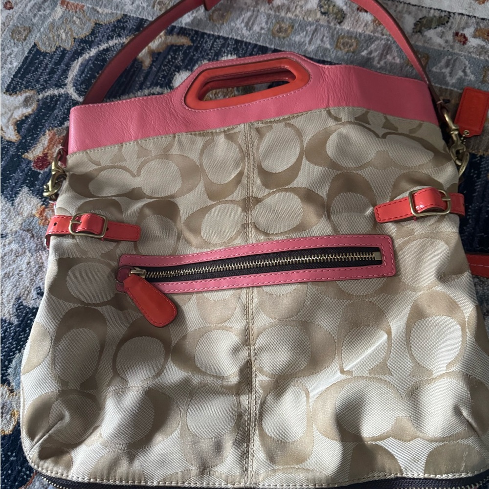 Coach Pink and Tan Shoulder Bag with Signature Monogram